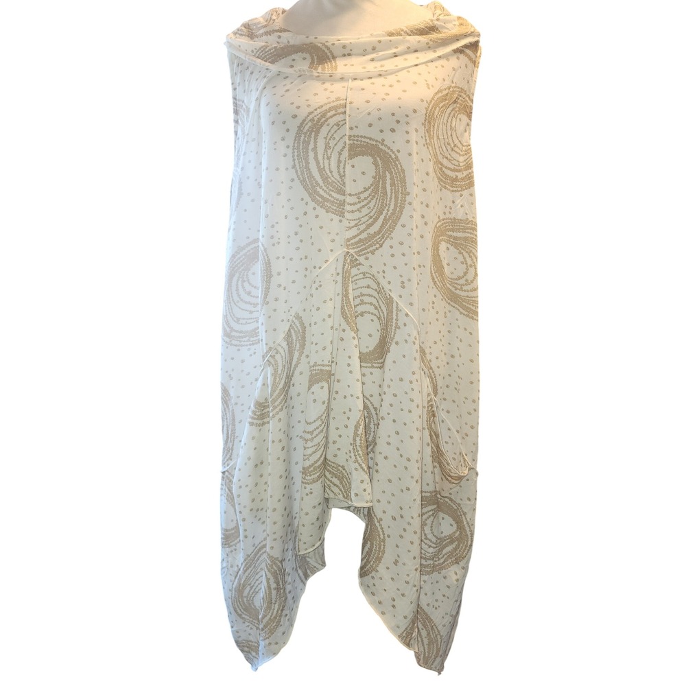 Yushi White Tan Abstract Print Cowl Neck Handkerchief Hem Tunic Dress M/L